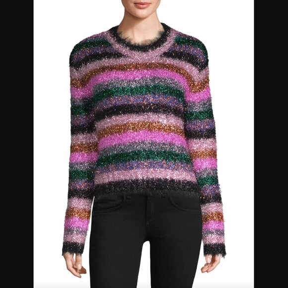 $395 Milly Multi Stripe Rainbow Metallic Tinsel Pullover Sweater size Small - Picture 1 of 9